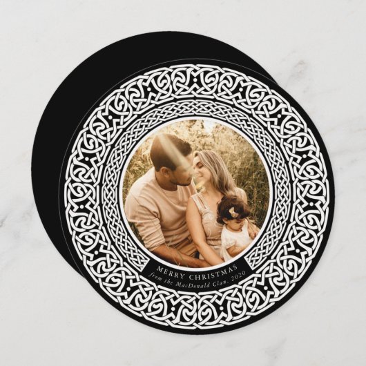 Round Black + Off White Celtic Holiday Photo Card Feestdagenkaart (Voorkant / Achterkant)