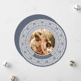 Round Blue + Off White Celtic Holiday Photo Card Feestdagenkaart