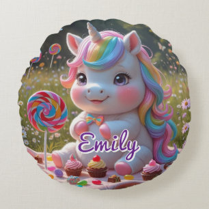 Round Candy Unicorn Coussin - Nom modifiable