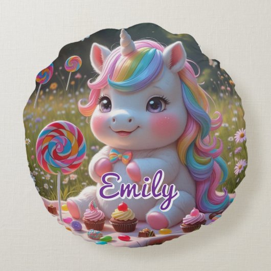 Round Candy Unicorn Coussin - Nom modifiable (Dos)