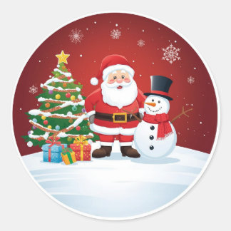 Round Christmas Sticker - Santa, Snowman & Tree 