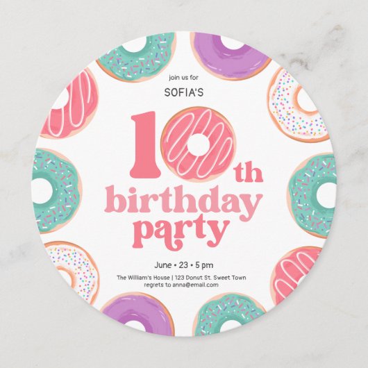 Round Donut Party Girl 10th Birthday Invitation (Devant)