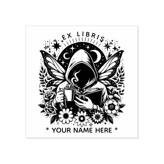 Round Floral Fantasy vlinder ex libris stempel (Afrduk)