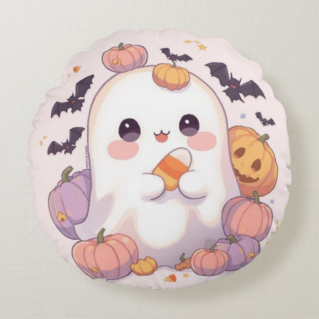 Round Ghost Halloween Pillow - Spooky Schattige De Rond Kussen (Voorkant)