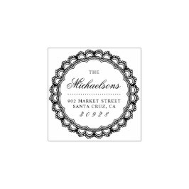 Round Lace Border Achternaam Script Retouradres Rubberstempel