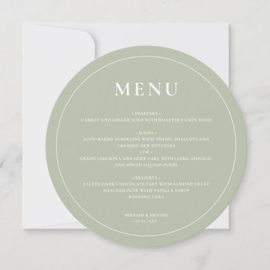 Round Modern Simple Sage Green Mariage Menu (Devant)