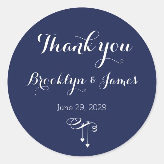 Round Navy Blue Wedding Stickers With White Hearts (Devant)