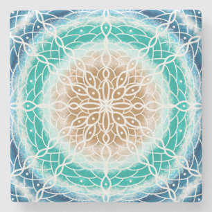 Round Ocean Waves Blauwgroen en Turquoise Mandala Stenen Onderzetter