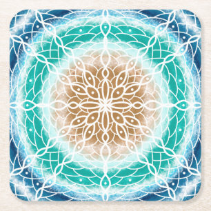 Round Ocean Waves Blauwgroen en Turquoise Mandala Vierkante Kartonnen Onderzetter