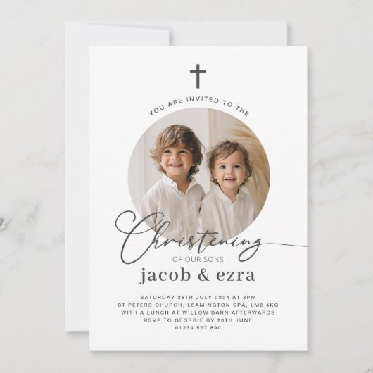 Round Photo Joint Boys Christening Invitation (Devant)