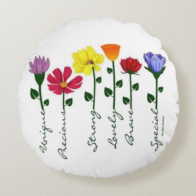 Round Pillow - Wildbloemen n'Words Rond Kussen (Voorkant)