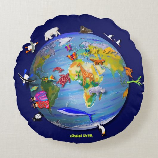 Round Planet Earth Cushion met wilde dieren Rond Kussen (Voorkant)