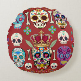 Round red Cushion - Gothic - skull and bones Rond Kussen