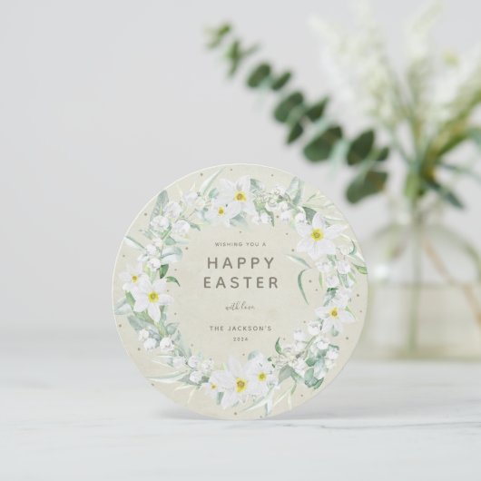 Round White Floral met Happy Easter Flat Kaart (Staand voorkant)