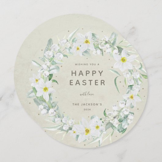 Round White Floral met Happy Easter Flat Kaart (Voorkant / Achterkant)