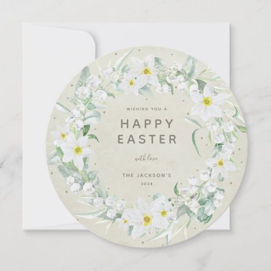 Round White Floral met Happy Easter Flat Kaart (Voorkant)
