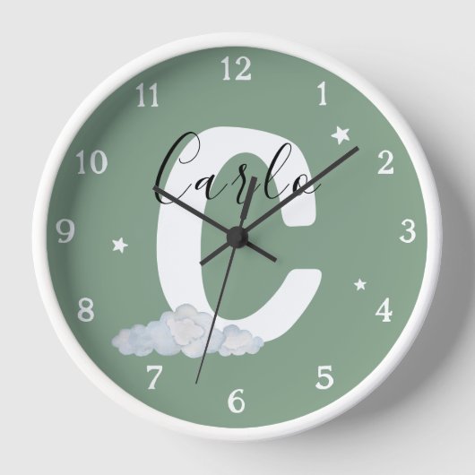 Round White Wood Frame Monogram Nursery Wall Clock (Voorkant)