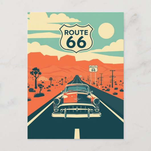 Route 66 contrastontwerp met klassieke auto briefkaart (Voorkant)