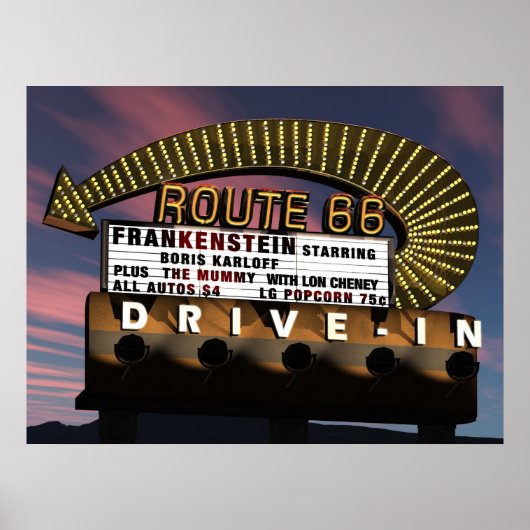 Route 66 Drive-In Retro Neon Poster (Voorkant)