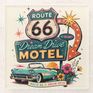 Route 66 Droom Drive Motel Retro Cruiser Kunst Glazen Onderzetter