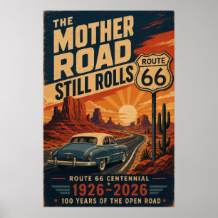 Route 66 Eeuwfeest Blauwe Klassieke Auto Woestijnw Poster