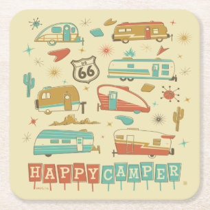 Route 66 Happy Camper Vierkante Kartonnen Onderzetter