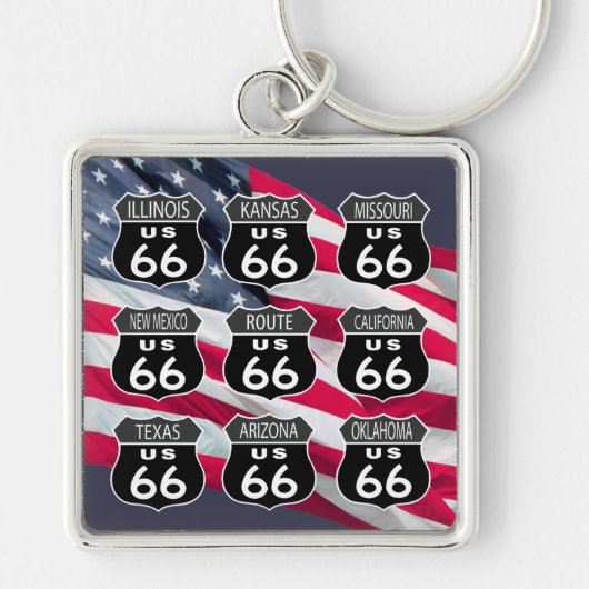Route 66 met Amerikaanse vlag Sleutelhanger (Voorkant)