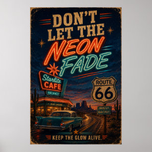 Route 66 Neon Cafe Classic Car Night Drive Poster