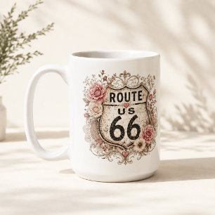 Route 66 Roze Bloemige Ochtend Wegreis Koffiemok
