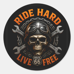 ☠️ Route 66 Schedel Grafisch Voor Harde Bikers 🛣️ Ronde Sticker