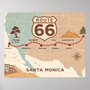 Route 66 Vintage Kaart met Historische Steden Poster