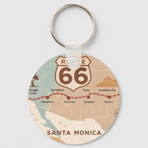 Route 66 Vintage Kaart met Historische Steden Sleutelhanger