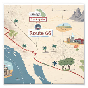Route 66 Vintage Reis Kaart Illustratie Foto Afdruk