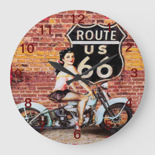 Route 66 Voman on Mototcycle Wall Clock Grote Klok