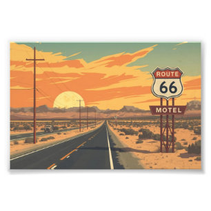 Route 66 Zonsondergang Vintage Weg Reis Kunst Foto Afdruk