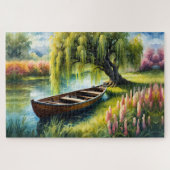 Row Boat in vijver in de buurt van wilgenboom Legpuzzel (Horizontaal)