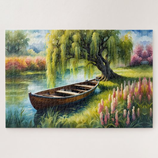 Row Boat in vijver in de buurt van wilgenboom Legpuzzel (Horizontaal)