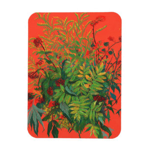 Rowan Leaves & Red Berries over Oranje moderne Flo Magneet