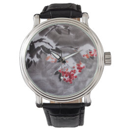 Rowan tree in snowsumie inkt waterverf schilderij horloge