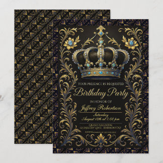 Royal Birthday Party Crown Ornate Invitation Kaart