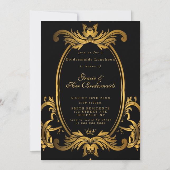 Royal Black Gold Bridesmaids Luncheon Invitation (Voorkant)