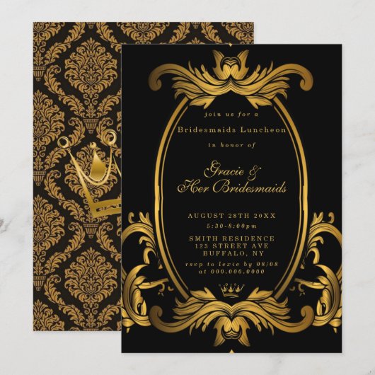 Royal Black Gold Bridesmaitres déjeuner Invitation (Devant / Derrière)