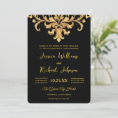 Royal Black Gold Damask Waterverf Wedding Kaart (Staand voorkant)