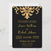 Royal Black Gold Damask Waterverf Wedding Kaart (Voorkant)