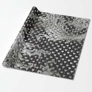 Royal Black Hearts Baroque Silver Hearts Grey Cadeaupapier