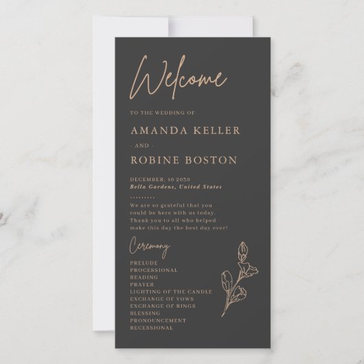Royal Black Simple Minimalist Wedding Programme (Devant)