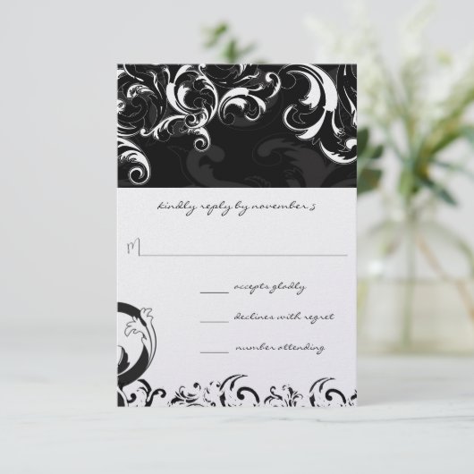 Royal Black Swirls Wedding RSVP Kaartje (Staand voorkant)