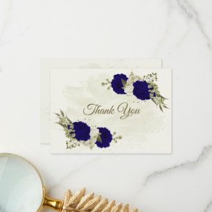 Royal blauw beige bloemen botanische bruiloft bedankkaart