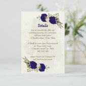 Royal blauw beige bloemen bruiloft details informatiekaartje (Staand voorkant)