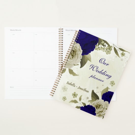 Royal blauw beige bloemenbruiloft planner (Display)